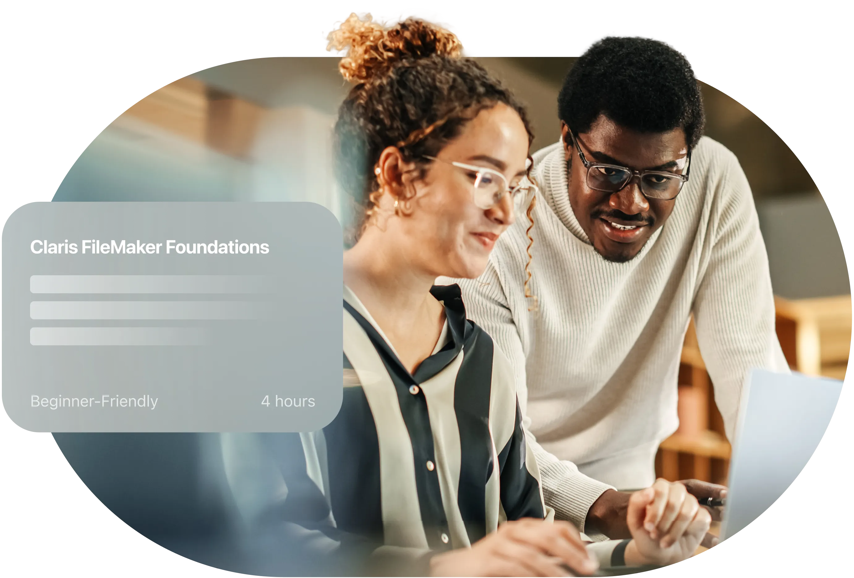 Two people learning on an iPad with a graphic for the beginner-friendly Claris FileMaker Foundations course.