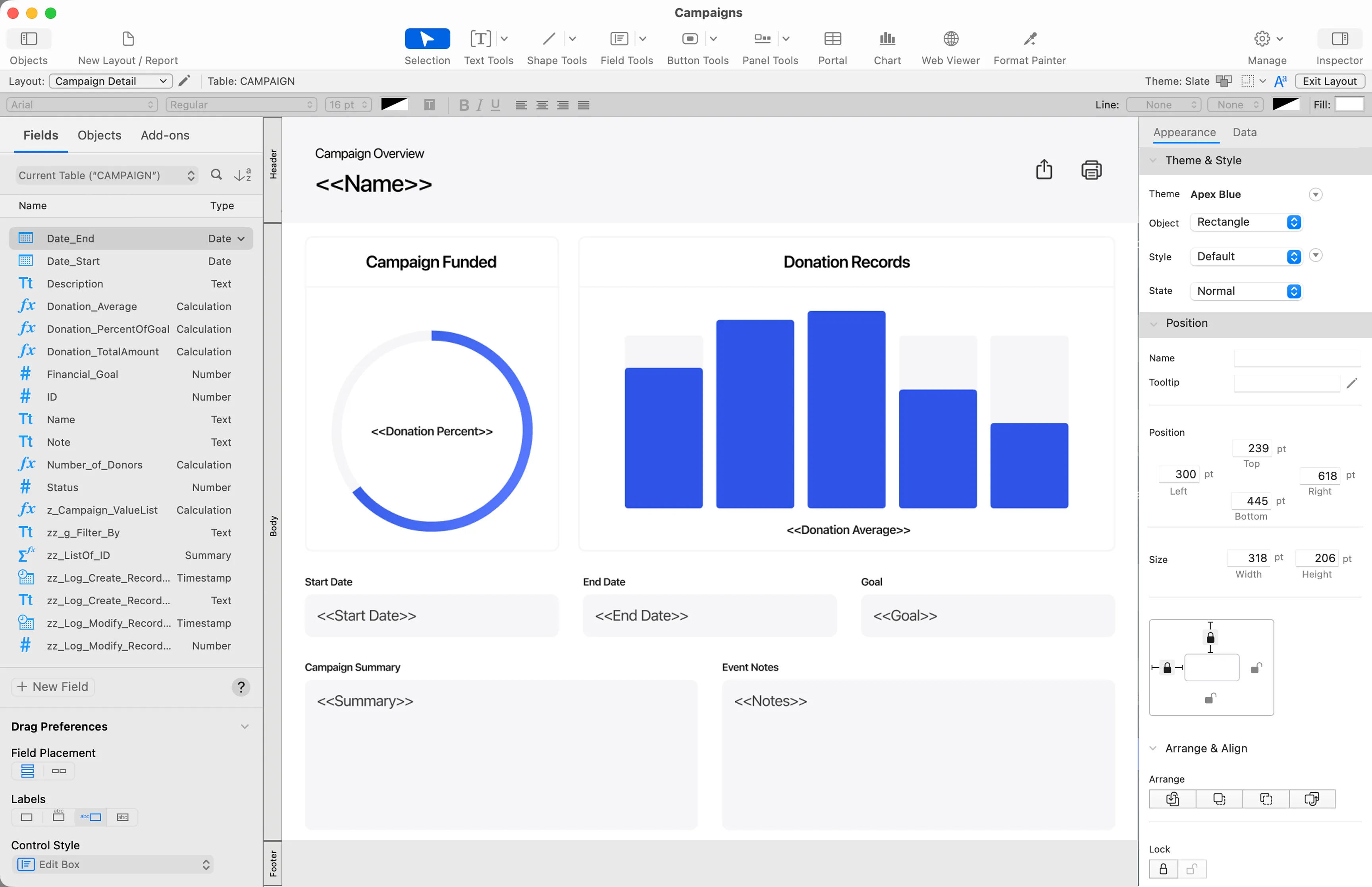 Claris FileMaker software interface showing a custom app builder with layout tools and a campaign data dashboard.